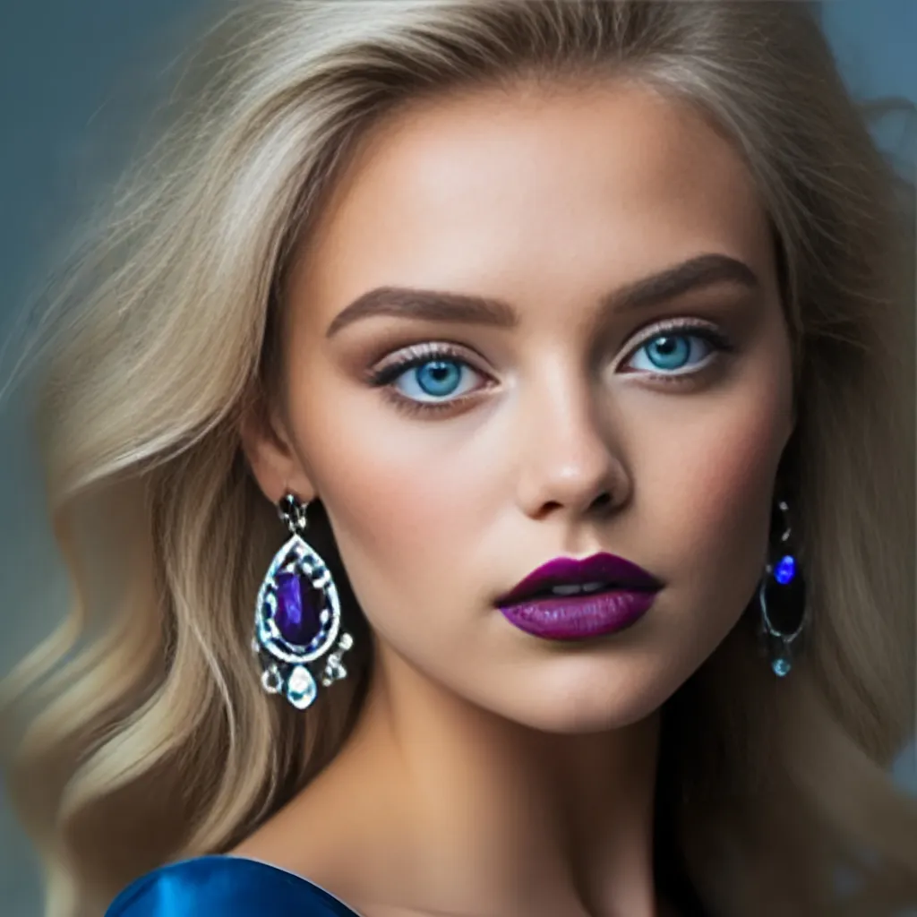 Prompt: <mymodel>Beautiful ethereal woman, long blonde hair,and icy blue eyes color, purple lipstick, facial closeup