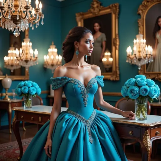 Prompt: In a lavishly decorated room, a regal figure stands gracefully, adorned in a striking turquoise gown that accentuates her elegance. The dress features intricate embellishments and off-the-shoulder sleeves, enhancing her refined look as she gazes softly, embodying a sense of poise and beauty. Surrounding her, plush velvet drapes the walls in a rich hue, while ornate chandeliers cast a warm glow, illuminating the opulent details of the space. A vase overflowing with striking blue roses sits on a beautifully crafted table, harmonizing with her attire and adding to the romantic ambiance. The entire scene exudes a fairy-tale charm, enveloping the viewer in a moment of timeless grace and sophistication.