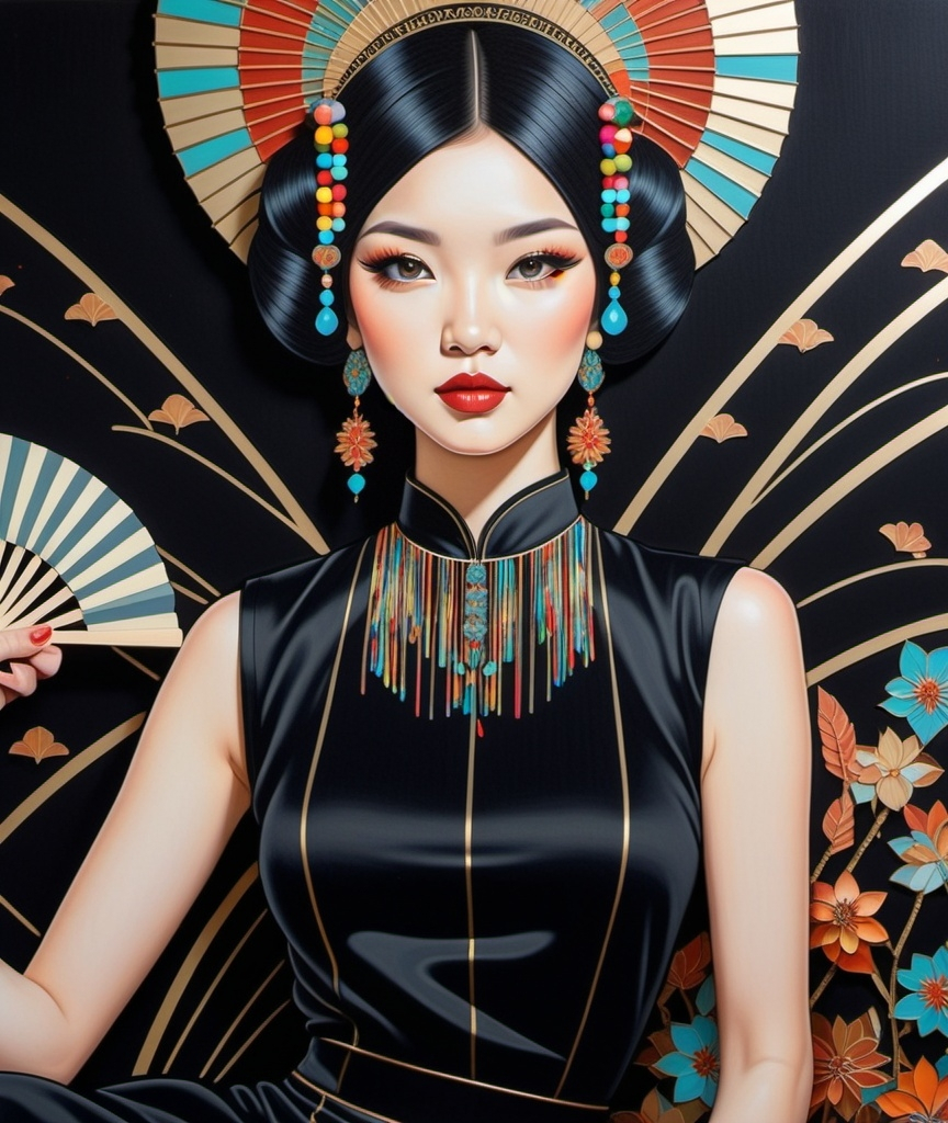 Prompt: a painting of a woman with a fan on her head and a black dress with colorful beads and a fan on her head, Audrey Kawasaki, cloisonnism, tristan eaton, an art deco painting