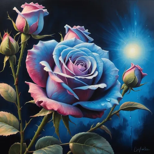 Prompt: Blue roses, surreal oil painting, dreamy atmosphere, high quality, detailed petals, fantasy, vibrant hues, ethereal lighting, mystical, magical, artistic, oil painting, dreamy, surreal, vibrant, high quality, detailed, fantasy, ethereal, mystical, magical, atmospheric lighting