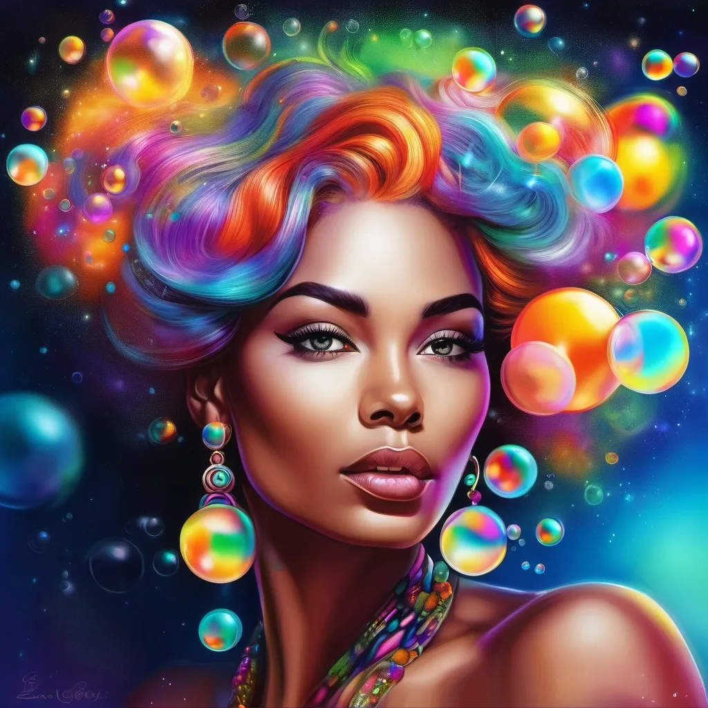 Prompt: a woman with colorful hair and earrings on her head, with bubbles in the background and bubbles in the air, Edwin Georgi, psychedelic art, highly detailed digital painting, an airbrush painting