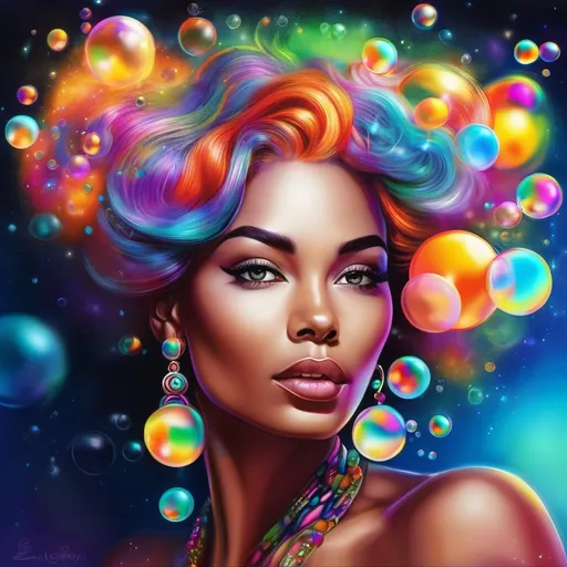 Prompt: a woman with colorful hair and earrings on her head, with bubbles in the background and bubbles in the air, Edwin Georgi, psychedelic art, highly detailed digital painting, an airbrush painting