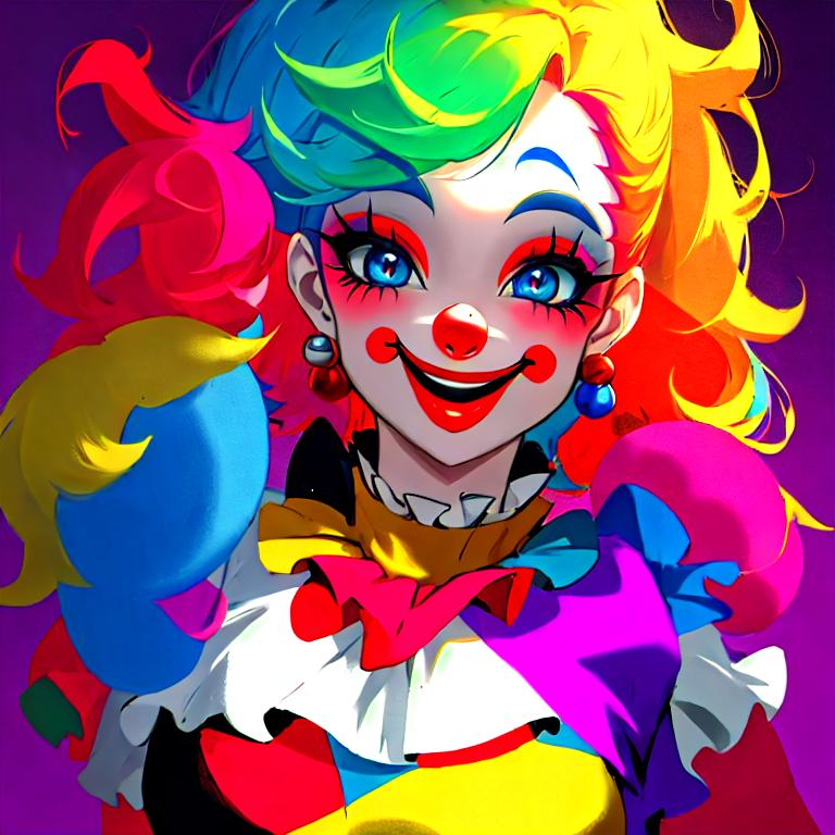 Prompt: Primary color clown, cute makeup, high quality, cartoon, bright colors, detailed features, playful expression, professional lighting