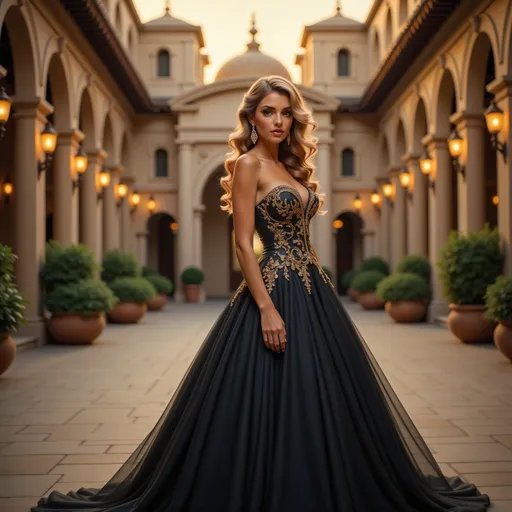 Prompt: Nestled in an elegant courtyard, a stunningly beautiful woman stands poised in a glamorous black gown adorned with intricate gold embellishments, exuding an air of sophistication and grace. The architecture surrounding her features grand, arched corridors and soft, warm lighting that spills from carefully placed lamps, creating a magical ambiance as the sun sets in the background, casting a golden hue across the scene. Her long, flowing hair frames her face as she gazes thoughtfully into the distance, the movement of her dress dancing softly with a gentle breeze, contributing to the enchanting atmosphere. Lush greenery in planters flanks the stone pathway, enhancing the serene yet opulent feel of this regal setting, where beauty and elegance harmoniously intertwine to tell a captivating story.