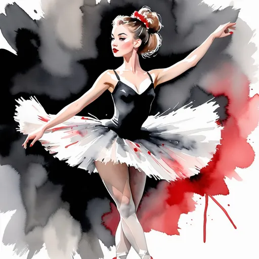 Prompt: young lady ballerina, watercolors, black, gray, white and red, with big attitude, on vaudeville stage