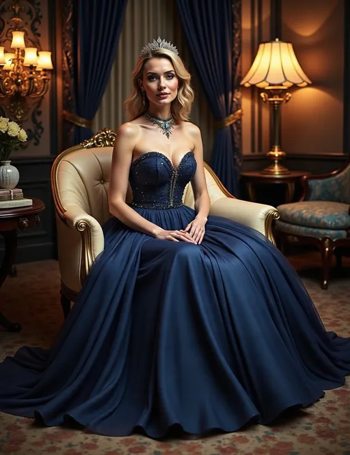 Prompt: In a luxurious indoor setting, a poised woman exudes elegance as she sits gracefully on an ornate cream-colored armchair. Clad in a stunning deep navy gown adorned with intricate beading, she embodies a regal charm, accentuated by her delicate tiara and matching jewelry. Soft, ambient light from a nearby chandelier casts a warm glow, enhancing the richness of her gown and the tastefully decorated surroundings, which feature dark curtains and classic furnishings. The composition draws the viewer's eye to her serene expression and poised posture, creating a scene that radiates sophistication and timeless beauty. The overall atmosphere suggests a narrative of refinement and grace, inviting admiration and intrigue.