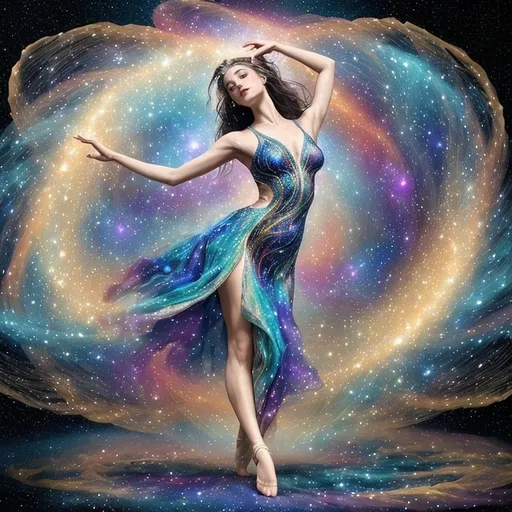 Prompt: a stunning depiction of dancers whose flowing movements create beautiful, swirling galaxies. The dancer's form and dress are painted with stars and cosmic dust, illustrating the harmony between human expression and the universe. Light background 