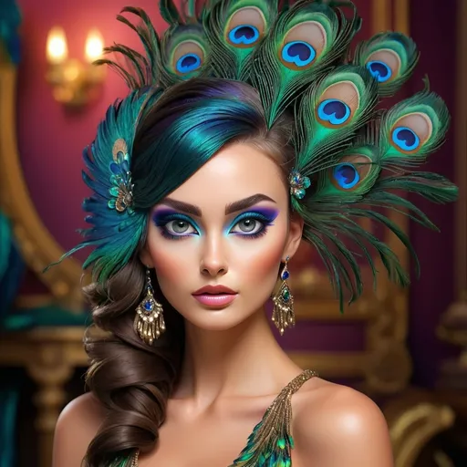 Prompt: <mymodel> Gorgeous woman with beautiful makeup and hair, peacock feathers, high-quality, detailed, realistic, elegant, vibrant colors, professional makeup, glamorous lighting, 4k resolution, portrait, detailed facial features, luxurious, exotic, peacock feathers, elegant hairstyle, stunning makeup, beauty shot