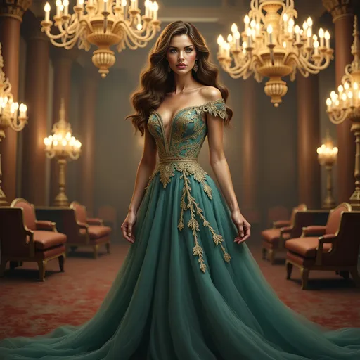 Prompt: In an opulent ballroom exuding elegance and grandeur, a stunning woman stands poised, draped in a flowing gown that gracefully merges a rich teal with intricate golden embellishments. The gown hugs her form delicately, featuring a plunging neckline and lavish, cascading layers that suggest a sense of royal refinement. Her soft, wavy hair frames her face, complemented by radiant makeup that enhances her striking features. Elegant chandeliers above cast a warm glow, illuminating the lavish decor of the room, with opulent drapes and softly flickering candelabras enhancing the atmosphere. The overall mood conveys sophistication and allure, as she appears to capture the attention and admiration of onlookers in this exquisite setting.