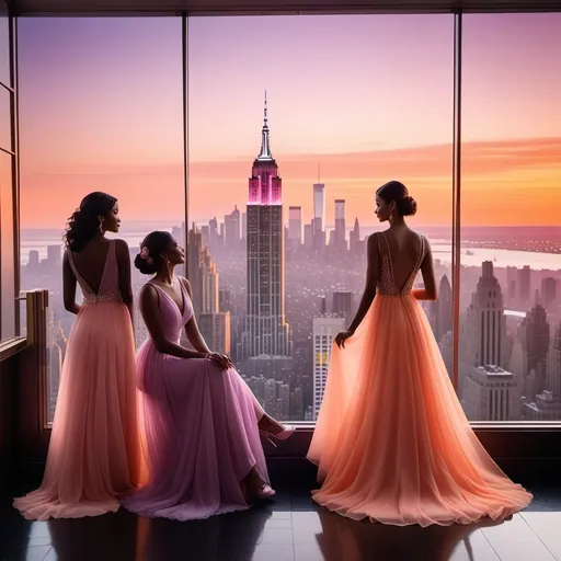 Prompt: Bathed in the soft hues of dusk, three elegantly dressed women in flowing pastel pink gowns stand before a stunning cityscape view, their silhouettes framed by a large window. One woman, with her back to the viewer, gazes out at the iconic Empire State Building, which towers against a gradient sky of orange and purple, while the other two sit gracefully, their expressions contemplative and serene. The luxurious setting includes delicate pink curtains and a stylish table adorned with flowers, enhancing the sophisticated atmosphere. The interplay of light and shadow creates a warm and inviting mood, capturing a moment of anticipation in the heart of New York City.