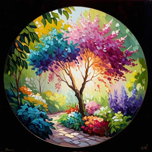 Prompt: Vibrant oil painting of a lush garden, rich and varied colors, thick brushstrokes, high quality, impressionist, lively and dynamic composition, floral abundance, detailed petals and leaves, professional, warm lighting, oil painting, colorful, vibrant, floral abundance, thick brushstrokes, dynamic composition, high quality