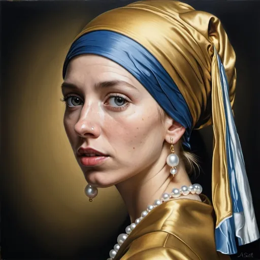 Prompt: a painting of a woman with a pearl earring and a pearl necklace on her head, wearing a gold dress and a pearl earring, Arie Smit, hyperrealism, highly detailed oil painting, a photorealistic painting