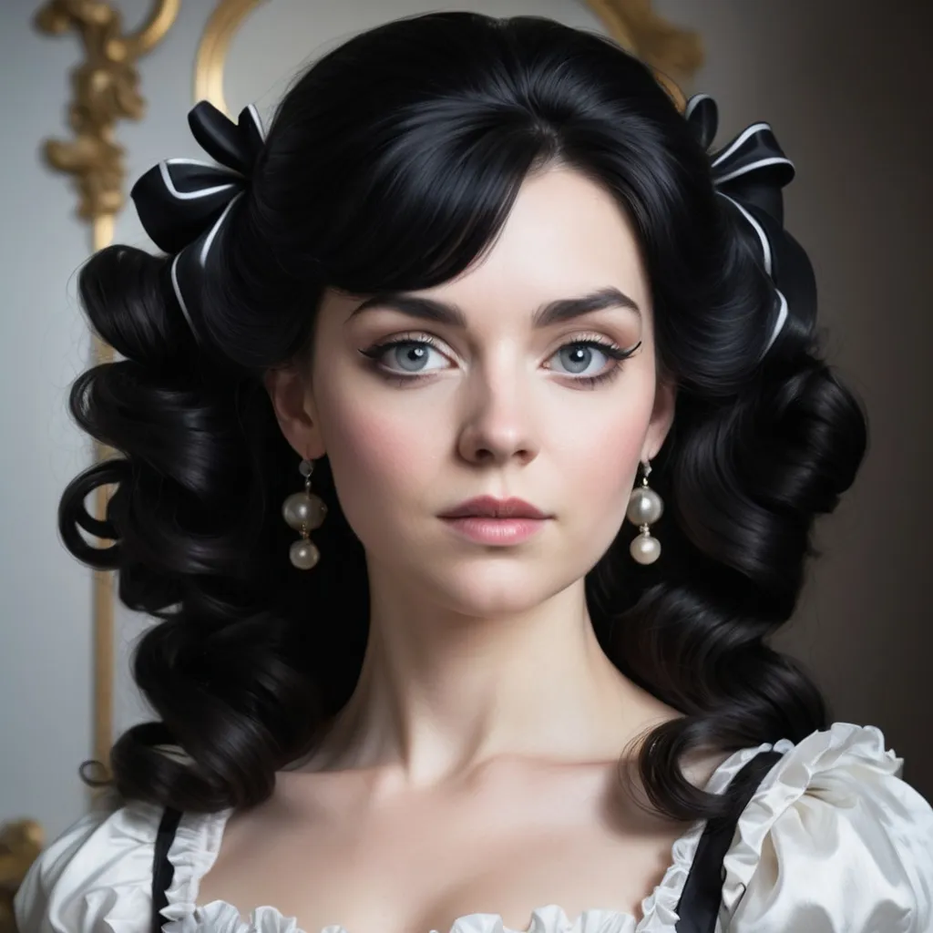 Prompt: a woman with black hair and a white dress and a black bow in her hair and a black and white dress, Dirk Crabeth, rococo, promotional image, a character portrait