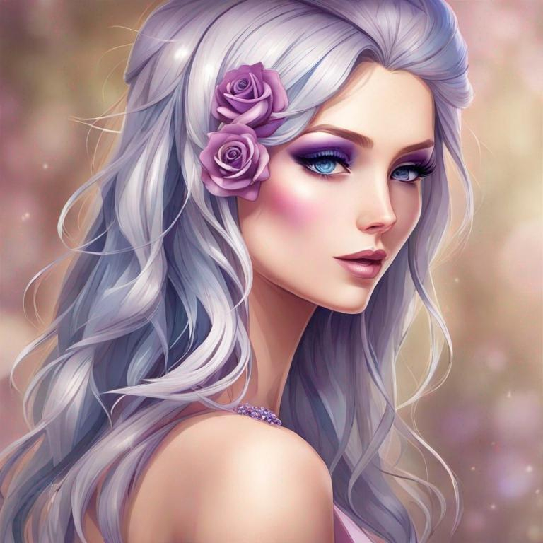 Prompt: A beautiful woman, white hair with pastel purple highlights, violet eyes, blue eyeshadow, pastel blue roses in her hair, blue jewels on forehead, cartoon style