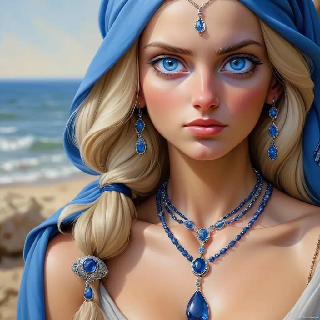 Prompt: a woman with blue eyes wearing a blue head scarf and a sapphire necklace, Art Brenner, figurative art, highly detailed digital painting, a photorealistic painting