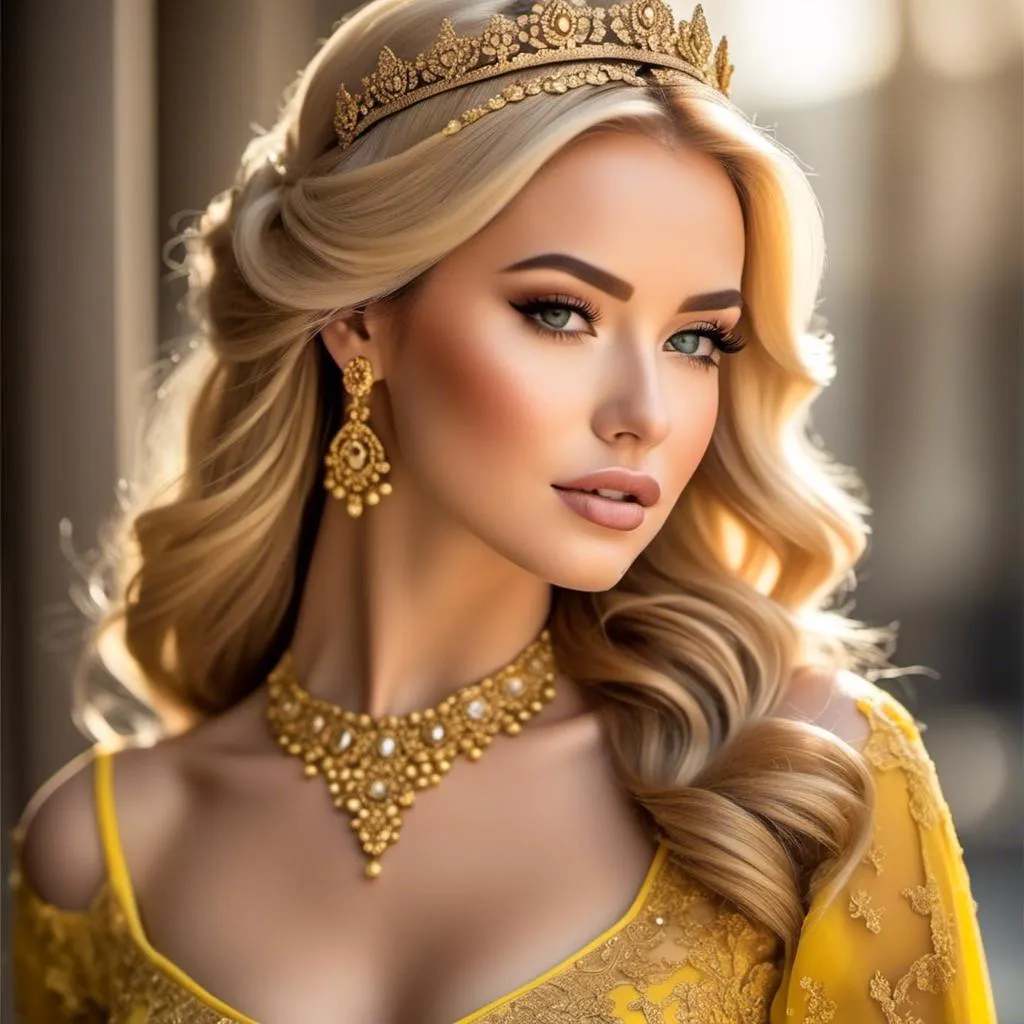 Prompt: <mymodel>Queen bee-A beautiful woman with golden hair arrainged in a top knot behind a gold tiara. Amber colored eyes, gown in colors of yellow and black, facial closeup