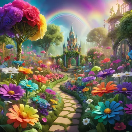 Prompt: Fantasy illustration of a vibrant rainbow-inspired flower garden, whimsical and magical, high-quality, fantasy style, rainbow colors, lush greenery, vibrant blooms, dreamy atmosphere, detailed petals, enchanting lighting, surreal, ethereal, mystical, vivid tones, fantasy setting, fantasy flora, best quality, highres, ultra-detailed, whimsical, magical, vibrant colors, dreamy, enchanted garden