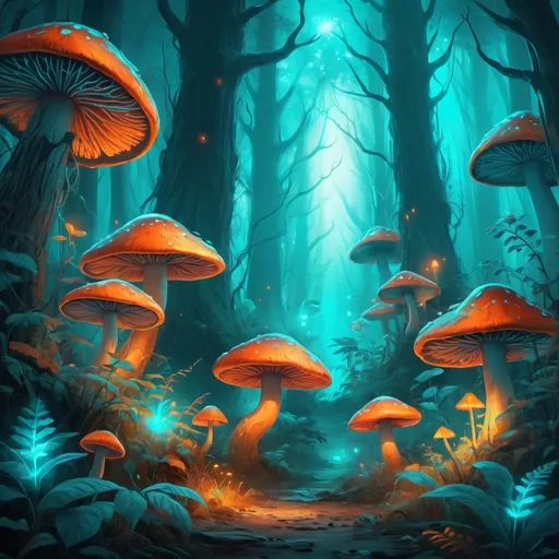 Prompt: Vibrant digital painting of a mystical forest, vivid orange and turquoise hues, magical creatures hiding in the foliage, glowing mushrooms, ethereal atmosphere, high quality, digital art, fantastical, vibrant color tones, mystical lighting