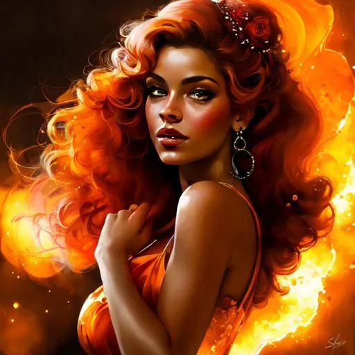 Prompt: fairy goddess, warm colors, fiery background, closeup