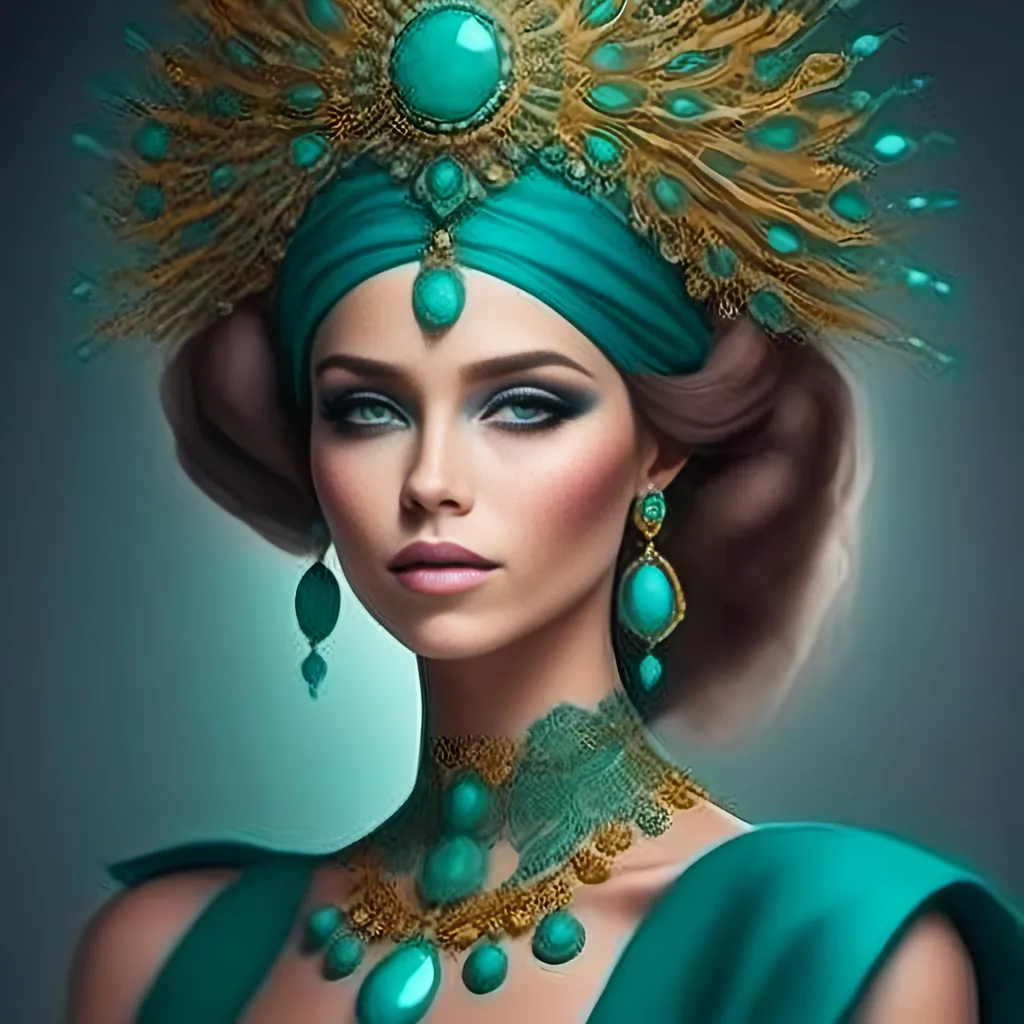 Prompt: <mymodel>An extremely gorgeous woman,  with turquoise jewels, in color scheme of turquoise and gold