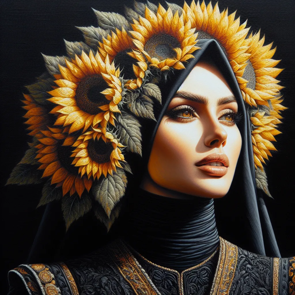 Prompt: a woman with sunflowers on her head and a black dress and a black turtle neck, Artur Tarnowski, figurative art, extremely detailed oil painting, a fine art painting