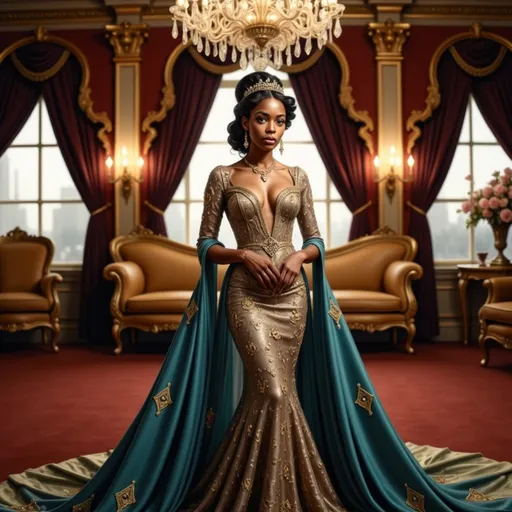Prompt: A strikingly elegant figure stands in a lavishly decorated room, exuding a regal aura in a stunning gown that features a deep teal fabric accentuated with intricate golden embroidery. Her expression is serene yet commanding, framed by cascading curls that add to her enchanting presence. The opulent setting, with rich red walls and ornate golden furnishings, enhances the dramatic effect, while crystal chandeliers illuminate the scene, casting a warm glow that highlights the gown's shimmering details. The composition draws the eye to her as the focal point, set against the luxurious backdrop that evokes a sense of grandeur and historical elegance. This image captures a narrative of sophistication and timeless beauty, inviting viewers into a world of high fashion and majestic allure.