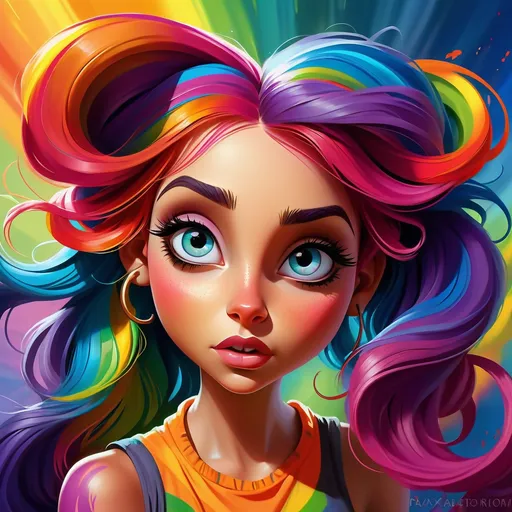 Prompt: Colorful digital painting of a vibrant young woman, flowing rainbow hair, expressive eyes, whimsical fantasy setting, high-quality, digital painting, colorful, vibrant, flowing hair, expressive eyes, whimsical, fantasy, detailed, professional, bright colors, atmospheric lighting