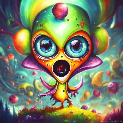 Prompt: Whimsical, cute alien, cartoon style, vibrant colors, large expressive eyes, playful demeanor, alien landscape, otherworldly plants, best quality, high resolution, vibrant, cartoon, cute, whimsical, otherworldly, playful, expressive eyes, alien landscape, vibrant colors, professional