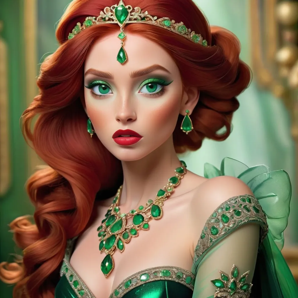 Prompt: an emerald lady, feminine elegant princess ,  red hair, green eyes, wearing jewels in her hair,  beautiful makeup, green eyeshadow eyeshow natural color lipsticklipstick, facial closeup