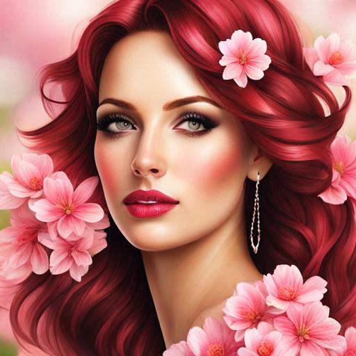 Prompt: a beautiful woman , auburn hair, lots of pretty pink flowers