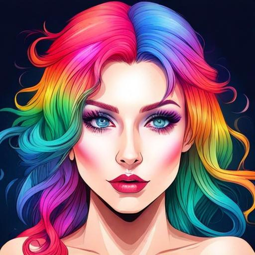 Prompt: Girl with rainbow colored hair, bright eyes,  beautiful makeup, facial closeup