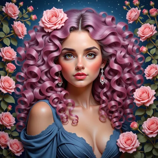 Prompt: With a captivating gaze, a young woman adorned with vibrant, flowing purple curls emerges from a lush backdrop of blooming roses in various shades of pink. Her delicate features are highlighted by soft pink blush on her cheeks, and she wears striking star-shaped earrings that twinkle against her youthful complexion. Clad in a deep blue dress that elegantly accentuates her figure, she gazes softly toward the viewer, exuding an enchanting and serene aura. The rich colors and elaborate detail of the roses suggest a romantic, dreamlike atmosphere, further enhanced by the celestial blue background speckled with stars, evoking a sense of wonder and beauty. This image captures a moment frozen in time, radiating elegance and charm.