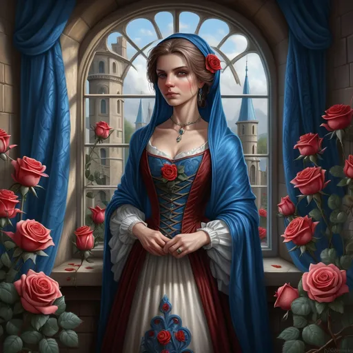 Prompt: a woman in a 16th century dress standing in front of a window with roses around her and a blue shawl, Anne Stokes, fantasy art, highly detailed digital painting, a character portrait