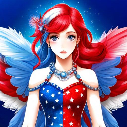 Prompt: fairy of the 4th of July U.S. patriotic, dreamscape, vivid colors of red, fwhite and blue ,closeup