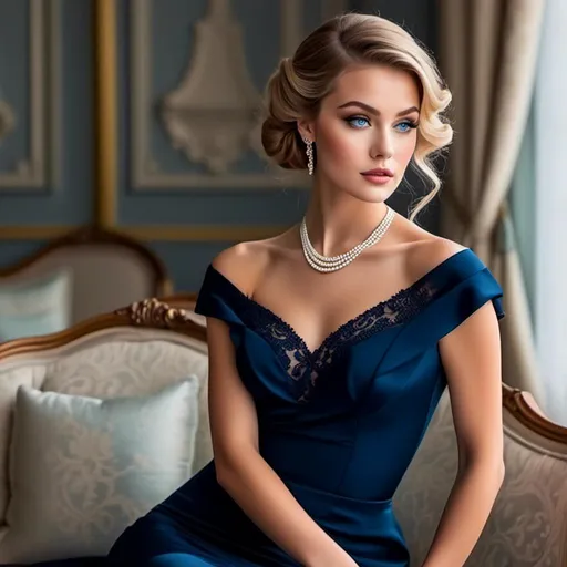 Prompt: <mymodel>Glamorously dressed 1930's lady, sapphire jewelry, blue eyes, vintage glam, luxurious satin gown, elegant updo hairstyle, detailed facial features, high-quality, vintage, glamorous, detailed sapphire jewelry, sophisticated makeup, atmospheric lighting, deep blue color tones, classic Hollywood style