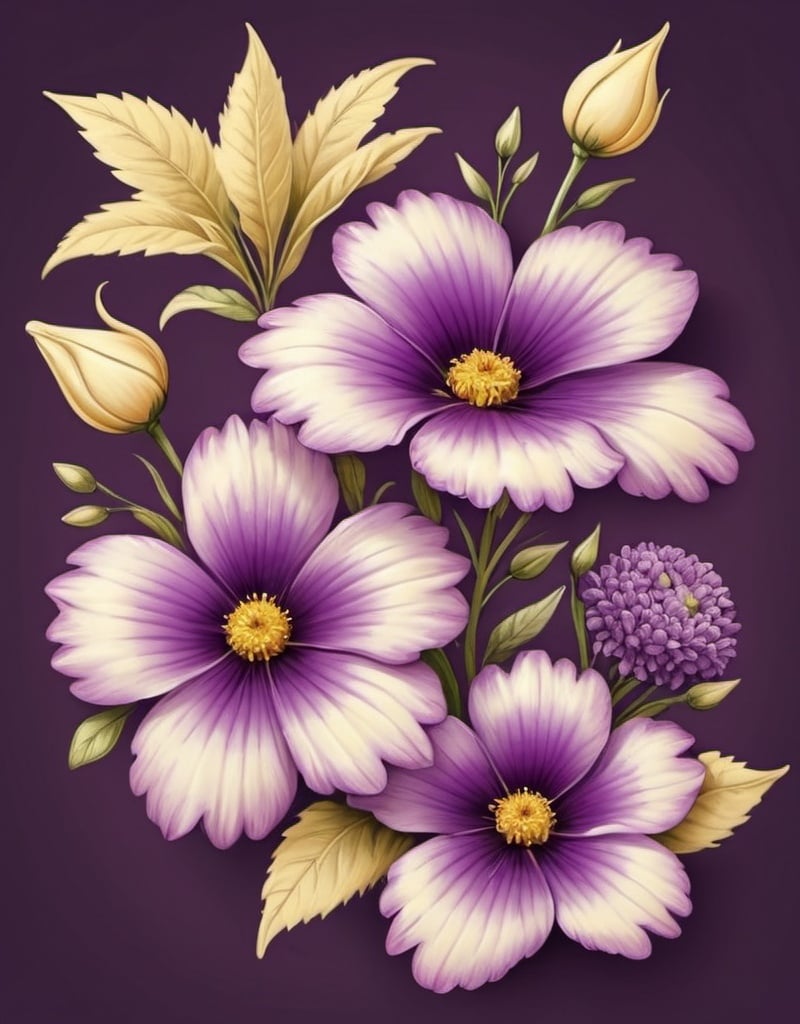Prompt: Large beautiful purple flower, hyperrealistic, facing front with smaller flowers surrounding, 2d, clipart. illustration done in pen, on a creamy yellow background