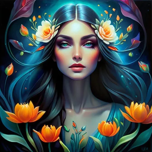 Prompt: Beautiful  hybrid woman with flowers sprouting from her, oil painting, ethereal glow, dark and mysterious, high quality, vibrant colors, surreal, haunting, intricate floral details, intense gaze, mystical atmosphere, oil painting,  ethereal, vibrant colors, surreal, haunting, floral details, intense gaze, mystical atmosphere