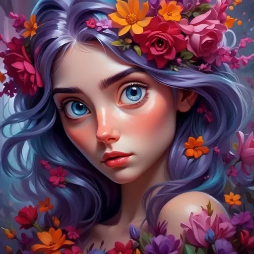 Prompt: <mymodel>Nataasha-Beautiful woman with flowers, oil painting, detailed fiery eyes, ethereal glow, dark and mysterious, high quality, vibrant colors, surreal, haunting, intricate floral details, intense gaze, mystical atmosphere, oil painting, demon, hybrid, fiery eyes, ethereal, vibrant colors, surreal, haunting, floral details, intense gaze, mystical atmosphere