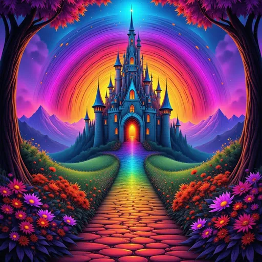 Prompt: a painting of a castle with a rainbow in the background and flowers in the foreground and a path leading to it, Anne Stokes, fantasy art, kinkade, a detailed matte painting