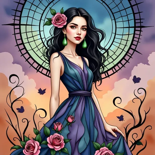 Prompt: This is a digital drawing in a stylized, semi-cartoonish art style. The central subject is a young woman with pale skin and long, wavy black hair adorned with a pink rose on the left side. She has striking, dark red lips and wears green teardrop-shaped earrings. Her dress is sleeveless with a fitted bodice and a voluminous, patterned skirt that features a mix of blue and purple hues, adorned with pink roses. The dress has a textured, almost stained-glass appearance with intricate, swirling designs.

The background is a gradient of warm orange at the bottom, transitioning to a cool blue at the top, creating a sunset or twilight effect. A large, circular, halo-like pattern in shades of blue and green surrounds her head, adding a celestial or mystical element to the composition. Black, swirling lines and abstract shapes frame the lower part of the image, adding depth and movement. The overall style combines elements of Art Nouveau with modern digital illustration techniques, creating a visually striking and ethereal portrait. The woman's poised, slightly tilted head and serene expression contribute to the image's dreamy, enchanting atmosphere.