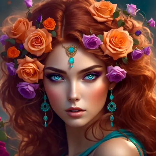 Prompt: <mymodel>Cosmic Epic Beauty, Beautiful and Gorgeous, purple roses in hair and wearing turquoise jewelry