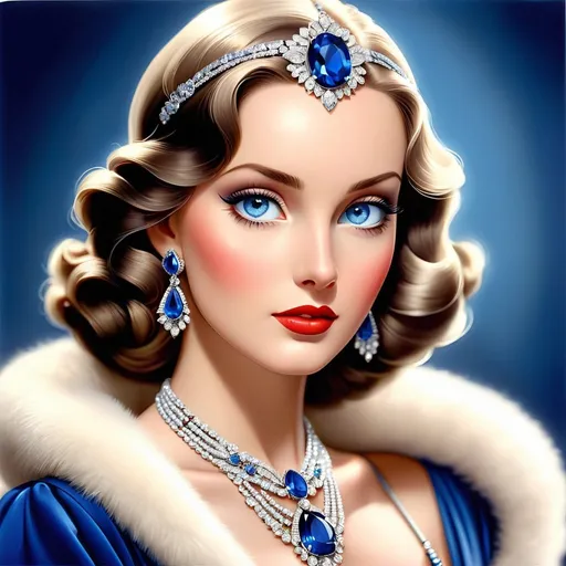 Prompt: Glamorously dressed lady of rhe 1930's wearing sapphire jewelry,blue eyes