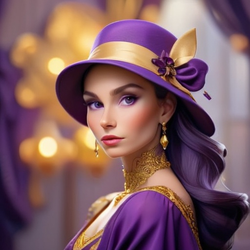 Prompt: Elegant lady in colors of purple and gold