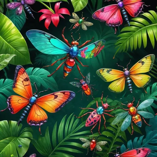 Prompt: gemstone colored insects insects in a vibrant, tropical jungle environment, high-quality, detailed, digital art, vibrant colors, exotic flora and fauna, intricate patterns, realistic, lively lighting