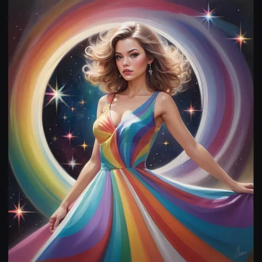 Prompt: a painting of a woman in a dress with a colorful swirl in the background and a star burst in the sky, Artgerm, figurative art, highly detailed digital painting, an airbrush painting