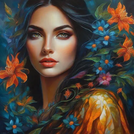 Prompt: Beautiful  hybrid woman with flowers sprouting from her, oil painting, detailed fiery eyes, ethereal glow, dark and mysterious, high quality, vibrant colors, surreal, haunting, intricate floral details, intense gaze, mystical atmosphere, oil painting, demon, hybrid, fiery eyes, ethereal, vibrant colors, surreal, haunting, floral details, intense gaze, mystical atmosphere