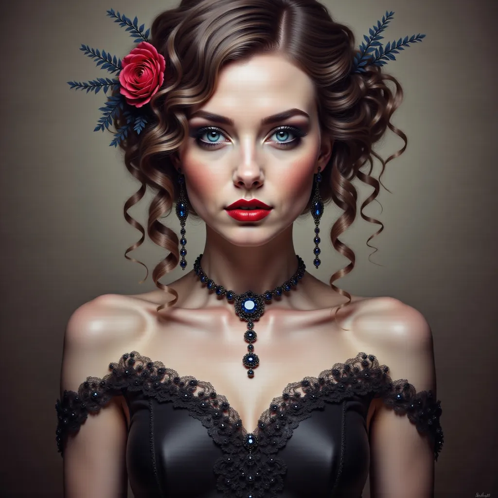 Prompt: a woman with a necklace and earrings on her neck and a red lip and a black dress on her chest, Edwin Georgi, gothic art, highly detailed digital painting, a photorealistic painting