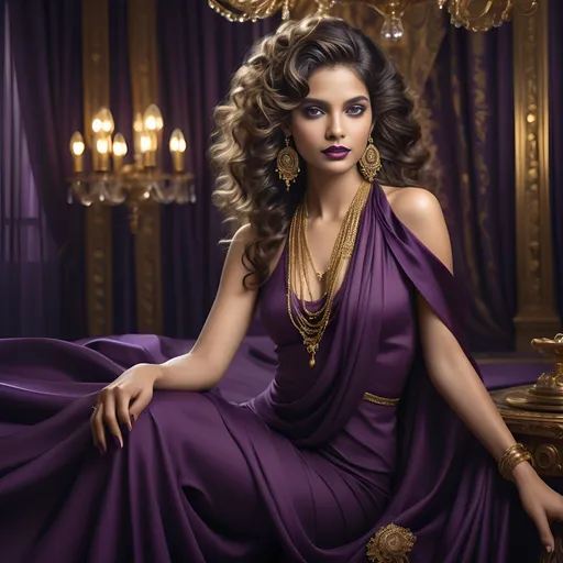 Prompt: Rich, opulent fabrics drape elegantly around a striking figure with cascading, wavy hair tinted in deep purple, enhancing her captivating presence. She gazes thoughtfully towards the viewer, her lips gently curved in a subtle smile, accentuated by glamorous makeup that adds to her allure. Adorned with intricate golden jewelry, including elaborate earrings and a sparkling necklace, she embodies a sense of sophistication and elegance. The soft, ambient lighting from a nearby chandelier casts a warm glow, illuminating the luxurious setting, which features plush furnishings and elegant drapery, suggesting a sophisticated indoor environment. The overall composition conveys a mood of grace and refinement, inviting contemplation of beauty intertwined with cultural richness.