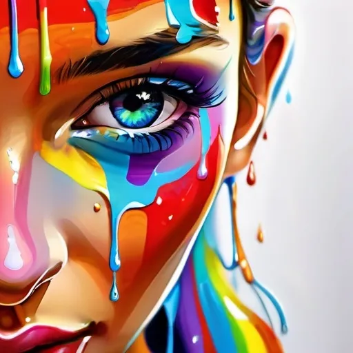 Prompt: Facial closeup of a female face, rainbow paint dripping, vibrant colors, high-definition, detailed, digital painting, close-up, colorful, expressive, rainbow paint drips, intense gaze, professional, vibrant, artistic, surreal, vivid colors, detailed facial features, digital art, high quality