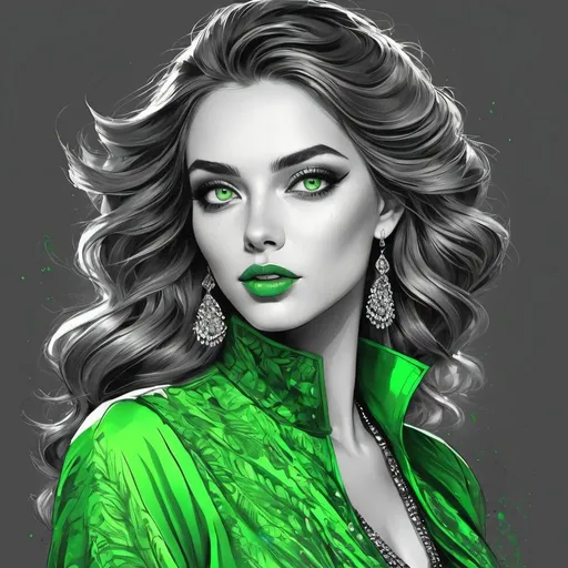 Prompt: <mymodel>Detailed illustration of a woman in vibrant green attire, large vivid green eyes, elegant makeup, digital painting, high resolution, realistic style, vibrant green, professional lighting